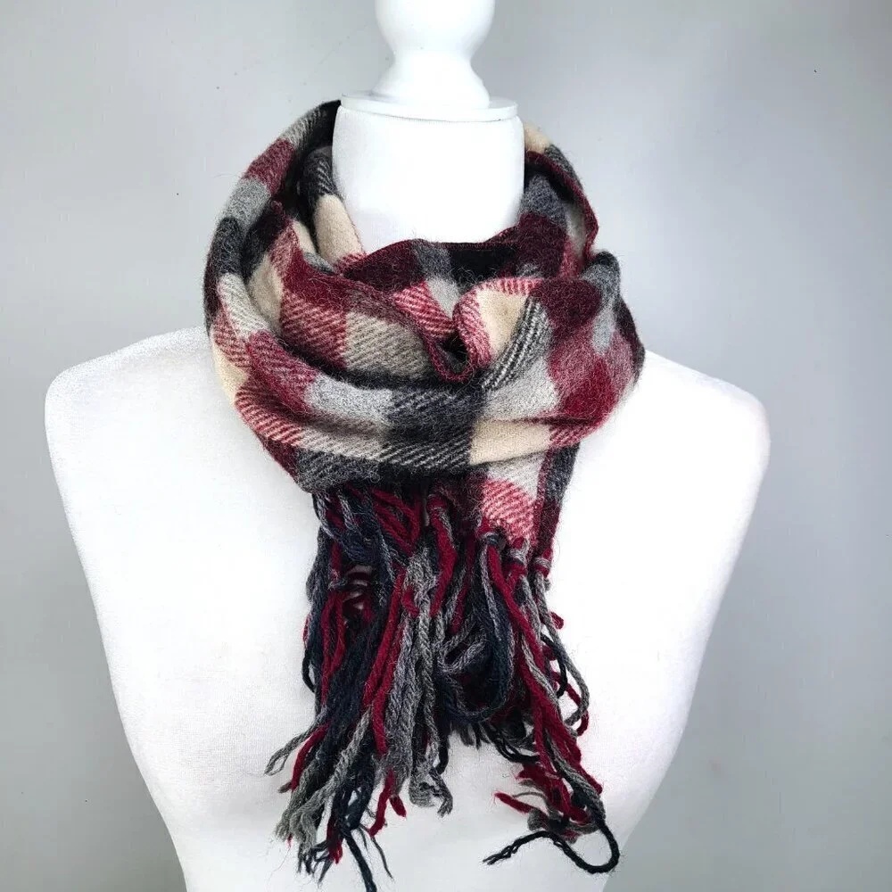 Unisex Burgundy Red Gray Black Plaid Fringe Scarf Wrap Long